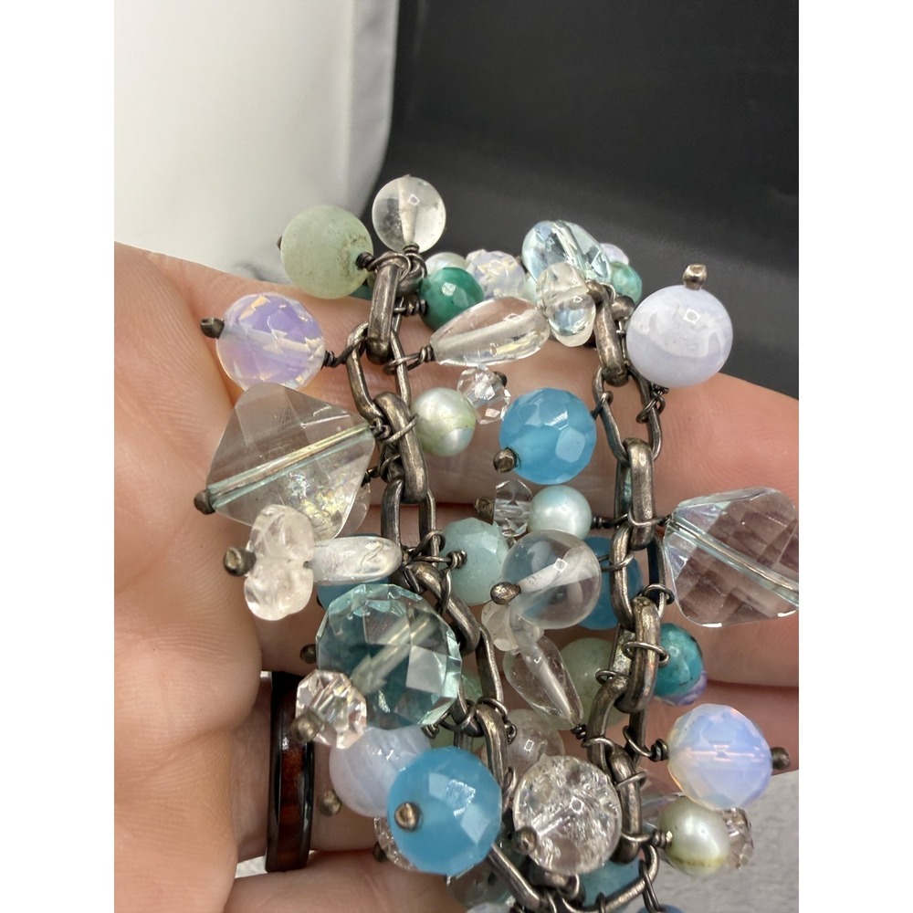 Vintage Beaded Bracelet Blue Beads Rhinestone Silver Tone 7" - Picture 5 of 6